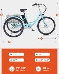 Viribus Electric Tricycle for Adults, Electric Trike 250W(Peak 500W) with 468Wh Removable Battery, Motorized Adult Tricycle 26 inch, 3 Wheel Electric Bike for Senior, E Trikes 330 lb. Glacier Blue