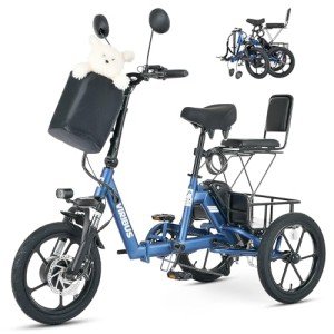 Viribus Folding Electric Tricycle with 2 Seats, 350W 16 in. Dual Seat Foldable Electric Trike with Differential Lock 48V 10.4Ah Battery, Single-Speed 3 Wheel Electric Bike for Adults, Blue