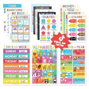 Hadley Designs 16 Educational Posters for Classroom & Kindergarten, Kindergarten Classroom Must Haves, Laminated PreK Learning Chart Materials US & World Map, ABC Alphabet, Shapes, Days of the Week