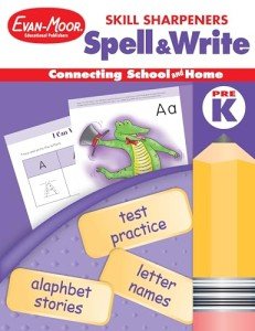 Evan-Moor Skill Sharpeners Spell and Write Workbook, Grade PreK, Alphabet Stories, Letter Names, Test Prep, Capital and Lower Case, Matching, Trace and Write, Circle the Letter, Vocabulary, Homeschool