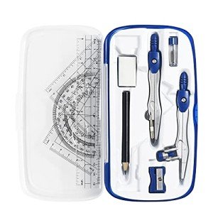 Vobou Math Geometry Kit Sets 10 Piece Student Supplies with Shatterproof Storage Box,Includes Rulers,Protractor,Compass,Eraser,Pencil Sharpener,Lead Refills,Pencil,for Drafting(Navy Blue)