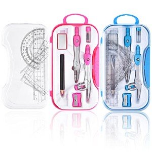 Coopay 2 Sets Math Geometry Kit, 10 Pieces Student Supplies Per Set Includes Ruler, Triangles, Protractor, Compass, Eraser, Pencil Sharpener, Lead Refills, Pencil, for Drafting and Drawings
