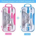 Coopay 2 Sets Math Geometry Kit, 10 Pieces Student Supplies Per Set Includes Ruler, Triangles, Protractor, Compass, Eraser, Pencil Sharpener, Lead Refills, Pencil, for Drafting and Drawings