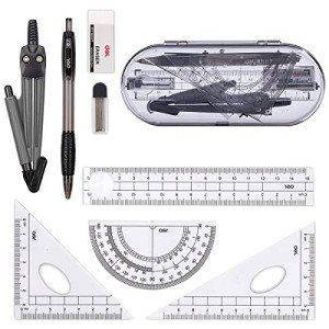 Mathematical Geometry Set,Essential Tools For School,Geometry Compass Sets,EducationalSupplies,Maths Protractor Set, Ruler Set, Pencil, Eraser, Sharpener for School.(8-Piece Set,Black)