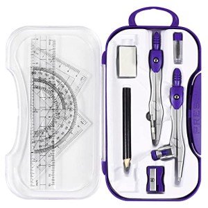 Unjoo Math Geometry Kit Sets 10 Piece Student Supplies with Shatterproof Storage Box,Includes Rulers,Protractor,Compass,Eraser,Pencil Sharpener,Lead Refills,Pencil,for Drafting and Drawings(Purple)