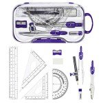 Unjoo Math Geometry Kit Sets 10 Piece Student Supplies with Shatterproof Storage Box,Includes Rulers,Protractor,Compass,Eraser,Pencil Sharpener,Lead Refills,Pencil,for Drafting and Drawings（Purple）