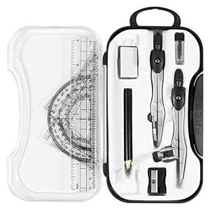 Vobou 10 Pieces Math Geometry Kit Set Student Supplies with Shatterproof Storage Box,Includes Rulers,Protractor,Compass,Eraser,Pencil Sharpener,Lead Refills,Pencil,for School and Drawings(Black)
