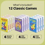 Srenta Kids Card Games Bulk – 12 Pack Classic Card Games for Kids Ages 4-9, Multi Pack Set Includes: Hearts, Go Fish, & Old Maid Playing Cards for Family Game Night, Party Favors & Classroom Prizes