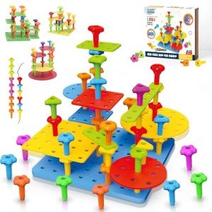 Peg Board Toy set 65Pcs DIY Building Stacking Toys for Kids 3-6 Years Old,STEM Educational Kids Toy for Brain Development,Montessori Sensory Toys,Upgrade Various Foam Board Plastic Lacing String Game