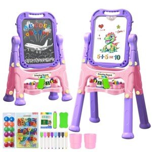 Juivin Art Easel for Kids Double Sided Magnetic Drawing Board with Letters & Numbers, Adjustable Standing Easel for Toddlers, Creative Play & Learning Toys for Girls - Purple