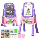 Juivin Art Easel for Kids Double Sided Magnetic Drawing Board with Letters & Numbers, Adjustable Standing Easel for Toddlers, Creative Play & Learning Toys for Girls - Purple