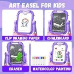 Juivin Art Easel for Kids Double Sided Magnetic Drawing Board with Letters & Numbers, Adjustable Standing Easel for Toddlers, Creative Play & Learning Toys for Girls - Purple