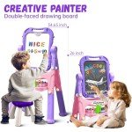 Juivin Art Easel for Kids Double Sided Magnetic Drawing Board with Letters & Numbers, Adjustable Standing Easel for Toddlers, Creative Play & Learning Toys for Girls - Purple