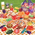 Laugigle Pretend Play Food for Kids Kitchen - 78Pc Cutting Toy Food with Storage Bag, Food Toys with Veggies, Fruits, Fake Food with Pizza Toy, Pretend Food, Play Kitchen Accessories, Boys Girls Gift