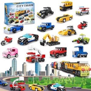 16 Pack Building Blocks Party Favors for Kids, 2 in 1 710pcs Creative Building Kits Mini City Vehicles include Police Car & Train, Christmas Toy Gifts Goodie Bag Fillers Stuffers for Boys Girls Kids