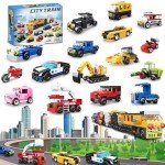 16 Pack Building Blocks Party Favors for Kids, 2 in 1 710pcs Creative Building Kits Mini City Vehicles include Police Car & Train, Christmas Toy Gifts Goodie Bag Fillers Stuffers for Boys Girls Kids