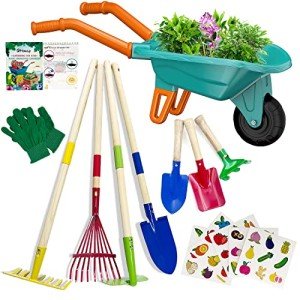 Qtioucp Kids Gardening Tools Set with Wheelbarrow Outside Outdoor Toys Backyard Garden Play Educational STEM Learning for Toddlers Boys Girls 3-8 (Green)