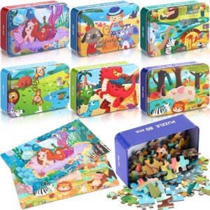 Libima 6 Boxes Party Favors Jigsaw Puzzles in a Metal Box for Kids Age for 4-8 Learning Jigsaw Puzzles for Toddlers Educational for Boy and Girl(Animal Style)