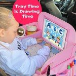 MENZOKE Kids Travel Tray, Car Seat Table Tray, Road Trip Essentials with Educational Drawing Board, Tablet Holder & Cooler Cup Holder, Travel Table for Kids Gifts in Car, Airplane, Multicoloured