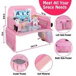 MENZOKE Kids Travel Tray, Car Seat Table Tray, Road Trip Essentials with Educational Drawing Board, Tablet Holder & Cooler Cup Holder, Travel Table for Kids Gifts in Car, Airplane, Multicoloured