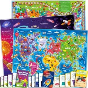 QUOKKA 3X Set Learning Board Games for Kids 6-8 - Educational Trivia Cards Ages 8-12 - Travel United States - World Map - Explore Outer Space - Gift for Children and Teens 4-8 - Floor Puzzles