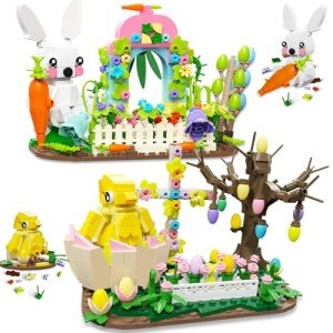 QOQ Easter Bunny and Chick Building Blocks Set - Easter Gift for Kids - Easter Basket Stuffers Easter Toys for Girls and Boys Age 8+, Easter Chicks Rabbits Creative Play Building Kit 877 PCS