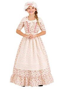 Fun Costumes Kids Colonial Girl Flower Print Dress, Educational Revolutionary War with Dress, Apron, Scarf and Hat, Medium Pink