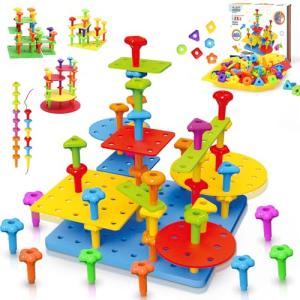Peg Board Toy set 65Pcs DIY Building Stacking Toys for Kids 3-6 Years Old,STEM Educational Kids Toy for Brain Development,Montessori Sensory Toys,Upgrade Various Foam Board Plastic Lacing String Game