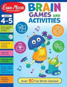 Evan-Moor Brain Games and Activities for Kids, Ages 4-5, Workbook, Hidden Pictures, Mazes, Sticker Activities, Logic Puzzles, Drawing, Critical Thinking, Audio, Alphabet, Word Families, Counting