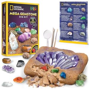 NATIONAL GEOGRAPHIC Mega Gemstone Dig Kit – Dig Up 15 Real Gemstones and Crystals, Science Kit for Kids, Gem Digging Kit, Gift for Girls and Boys, Mining Kit, Rock Collection
