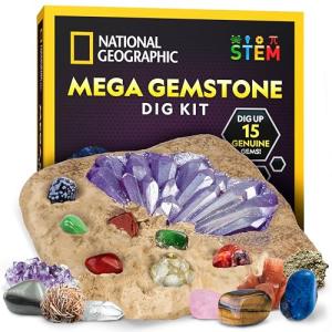 NATIONAL GEOGRAPHIC Mega Gemstone Dig Kit – Dig Up 15 Real Gemstones and Crystals, Science Kit for Kids, Gem Digging Kit, Gift for Girls and Boys, Mining Kit, Rock Collection