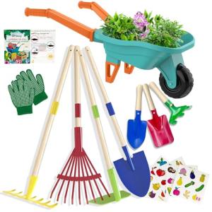 Qtioucp Kids Gardening Tools Set with Wheelbarrow Outside Outdoor Toys Backyard Garden Play Educational STEM Learning for Toddlers Boys Girls 3-8 (Green)