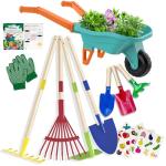 Qtioucp Kids Gardening Tools Set with Wheelbarrow Outside Outdoor Toys Backyard Garden Play Educational STEM Learning for Toddlers Boys Girls 3-8 (Green)