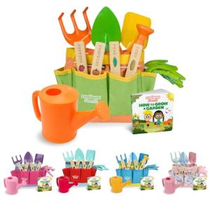 Matching Board Book - Green Kids Gardening Tools Set Includes Sturdy Tote Bag, Watering Can, Shovel, Rake, and Trowel - Garden Storybook - Kids Garden Tools- Easter Gifts for Toddler Age on up.