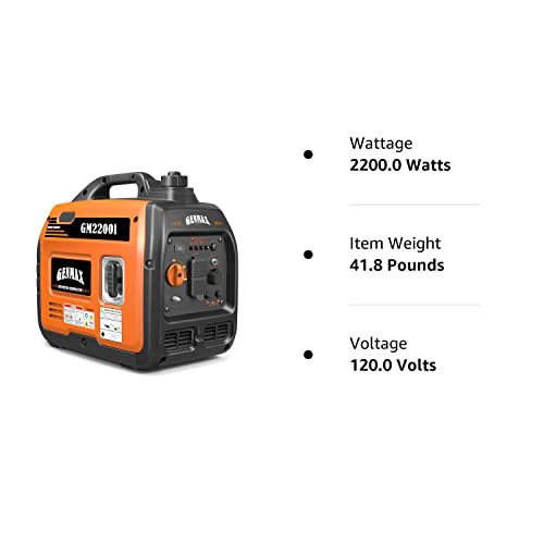 GENMAX Portable Inverter Generator，2200W ultra-quiet gas engine, EPA Compliant, Eco-Mode Feature, Ultra Lightweight for Backup Home Use & Camping (GM2200i)