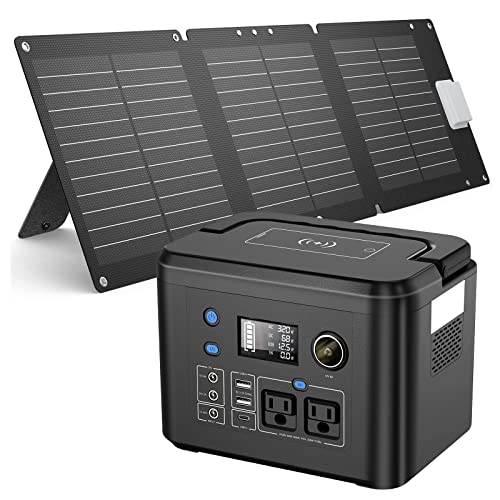 350W Portable Power Station and 60W Foldable Solar Panel Kits, Powkey 260Wh Solar Generator with 18V DC Output Solar Charger for Outdoor Cmaping Emergency