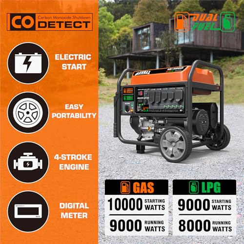 GENMAX Dual Fuel Portable Generator 12000 Watt Gas or Propane Powered Electric Start-Home Back Up, EPA Compliant