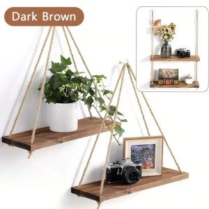 1PC Wooden Swing Hanging Hemp Rope Wall Shelve Mounted Floating Home Living Room Plant Flower Pot Tray Storage Garden Decoration