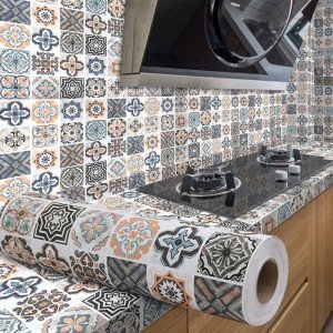 European Style Oil-proof 40cm Self-adhesive Wall Stickers Home Decoration Wallpaper Floor PVC DIY Bathroom Tiles Big Roll Decor