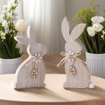 OYATON 2 Piece Easter Wooden Bunny Decor - Farmhouse Sitting Wood Bunnies Sign for Tabletop and Mantel Decorations - Unfinished Rabbit Blocks for Easter and Spring DIY Home Décor