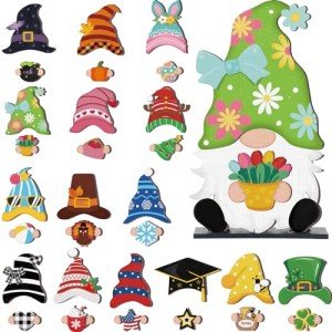 Blulu Interchangeable Wooden Gnome Decor DIY Holiday Spring Easter Summer Day Seasonal Tiered Tray Decoration with Magnet Gnomes Pieces Welcome Sign for Decorations(Cute)
