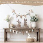 OYATON 2 Piece Easter Wooden Bunny Decor - Farmhouse Sitting Wood Bunnies Sign for Tabletop and Mantel Decorations - Unfinished Rabbit Blocks for Easter and Spring DIY Home Décor