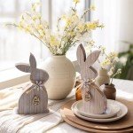 OYATON 2 Piece Easter Wooden Bunny Decor - Farmhouse Sitting Wood Bunnies Sign for Tabletop and Mantel Decorations - Unfinished Rabbit Blocks for Easter and Spring DIY Home Décor