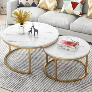 2 In 1 Living Room Coffee Tables Marble Texture Wooden Combination Furniture Round Durable Light Luxury Iron Art Tea Tables