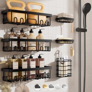 Veken Stainless Steel Shower Caddy 6-Pack, No Drilling & Rustproof, Waterproof Adhesive Shelves Rack with Soap Holder, Large Capacity Bathroom Organizers and Storage, Wall-Mounted Kitchen & Home Decor