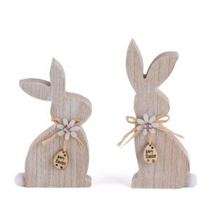 OYATON 2 Piece Easter Wooden Bunny Decor - Farmhouse Sitting Wood Bunnies Sign for Tabletop and Mantel Decorations - Unfinished Rabbit Blocks for Easter and Spring DIY Home Décor