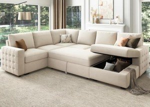 HONBAY U-Shaped Velvet Sleeper Sofa with Storage
