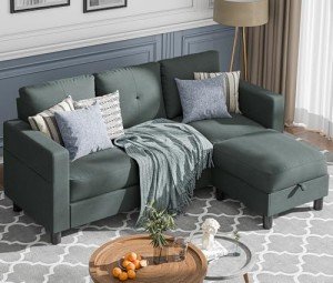 Dark Grey L-Shaped Sectional Couch with Ottoman