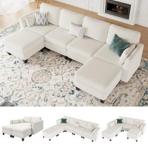 Beige Modular U-Shaped Sectional Sofa Couch