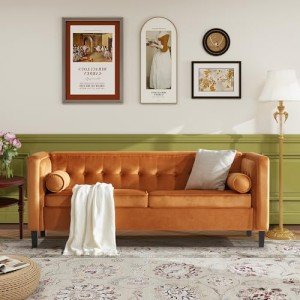 Elegant Velvet Mid-Century Sofa with Pillows